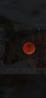 Wolf in snowy forest with red moon glowing in the night.