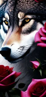 Majestic wolf surrounded by red roses in vibrant mobile wallpaper.