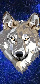 Illustrated wolf with a starry night background.