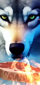 Majestic wolf gazes at steak in artistic wallpaper.