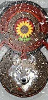 Wolf and sunflower tribal design with glass rain texture.