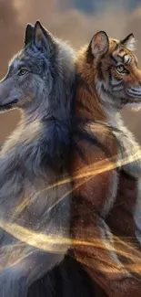 Artistic wallpaper featuring a wolf and tiger back-to-back in a natural setting.