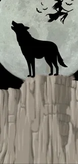 Wolf howling on cliff with moon and witch silhouette.