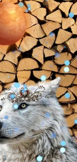 Wolf adorned with crown on woodpile background.