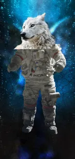 Wolf-headed astronaut in a cosmic blue fantasy space background.