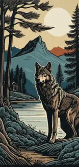 Wolf standing by a serene lake with mountains in the background.