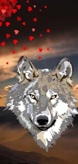 Wolf illustration with red hearts and sunset background.