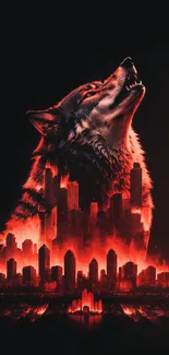 Majestic wolf with cityscape in silhouette against a red and black backdrop.