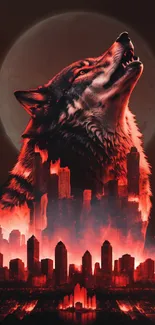 Howling wolf over cityscape with red glow and moonlit sky.