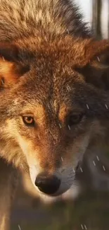 Close-up view of a wolf in a natural setting, showcasing its sharp eyes and fur details.