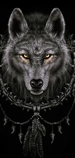 Wolf dreamcatcher on a black background, mobile wallpaper.