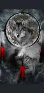 Wolf in dreamcatcher with feathers in a mystical design.