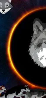 Artwork of wolves and eclipse in cosmic space on wallpaper.