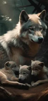 Majestic wolf family in forest setting mobile wallpaper.