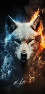 Artistic wolf with fire and ice design, perfect mobile wallpaper.