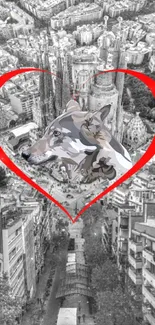 Wolf illustration in red heart over black-and-white cityscape.