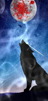 Silhouette of a wolf howling beneath a blood-spattered moon in a starry galaxy.