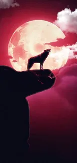 Silhouetted wolf howling at a crimson moon with dark clouds.