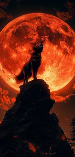 Wolf silhouetted against a vivid red moon.