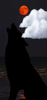 Silhouette of a wolf howling at a red moon with a cloud.