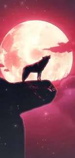 Silhouette of a wolf howling at a blood-red moon with dark cloud surround.