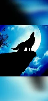 Silhouette of a wolf howling at the blue moon with a night sky background.