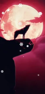 Crimson moon with a howling wolf silhouette and snowflakes.