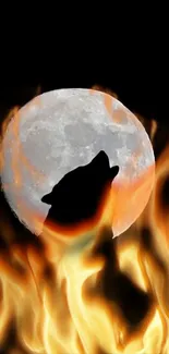 Wolf howling at a fiery full moon with intense flames.