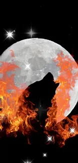 Wolf silhouette howling at fire-lit moon wallpaper.