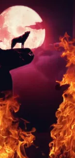 Silhouette of wolf against moon with fiery flames.