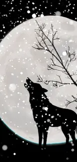 Silhouette wolf howling at a full moon with snowflakes in the night sky.