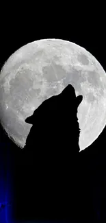 Silhouette of a wolf howling in front of a full moon on a dark night sky.