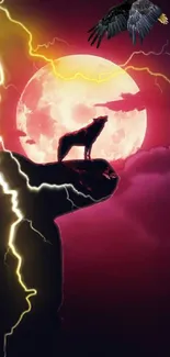 Silhouetted wolf howling at full moon with lightning and eagle.