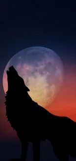 Silhouette of wolf howling at a full moon with sunset backdrop.