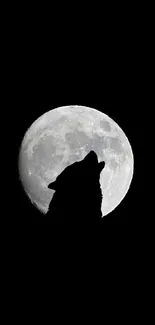 Silhouette of a wolf howling at the full moon against a black background.