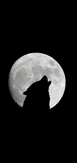 Silhouette of a wolf howling at a full moon in a dark night sky.