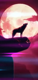 Silhouette of a wolf howling at the moon with a vibrant pink background.