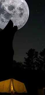 Wolf silhouette howling at the moon near a glowing tent under starry sky.