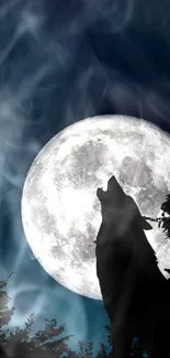 Silhouette of a wolf howling at the full moon against a dark sky.