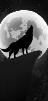 Wolf silhouette howling at full moon in a starry night sky.