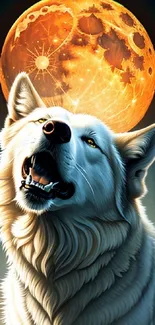 A majestic wolf howling under a glowing orange full moon in a starry night sky.