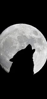 Silhouette of a wolf howling at the full moon on a dark night sky.