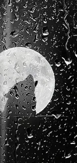 Wolf silhouette howling at moon through rainy window.