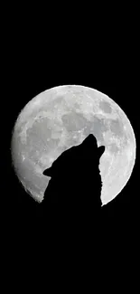 Silhouette of a wolf howling at a bright full moon against a black sky.