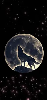 Wolf silhouette howling at full moon with a starry sky backdrop.