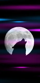 Silhouette of a wolf howling at the full moon, set against a black background.