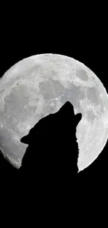 Silhouette of a wolf howling at the moon in a night sky.