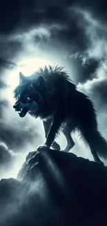 Wolf silhouette howling at the full moon.