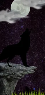 Silhouetted wolf on a cliff beneath a starry moonlit sky.