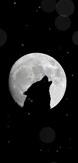 Silhouette of a wolf howling before a bright full moon.